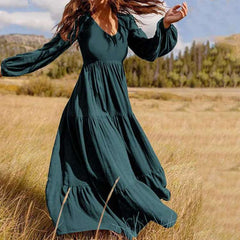 Fashion Casual Pure Gored V neck Long sleeve Maxi Dresses