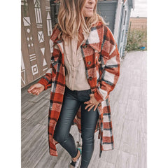 Fashion Plaid Lapel Long sleeve Woolen Trench Coats
