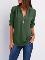 Woman Fashion Loose Daily Chiffon Long Sleeve V Neck Blouses