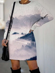 Fashion Landscape print Round neck Long sleeve Knit Shift Dresses