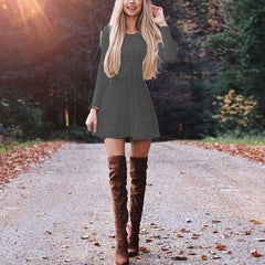 Fashion Pure Round neck Long sleeve Knit Skater Dresses