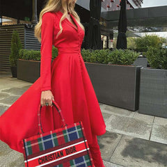 Fashion Pure Lapel Long sleeve Fastener Skater Maxi Dresses