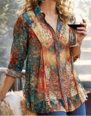 Casual Loose Print Lapel Long sleeve Blouses