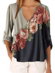 Chiffon V Neck Floral Printed Short Sleeve Blouses