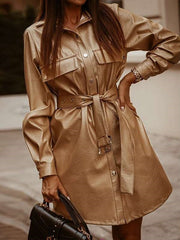 Fashion Pure Lapel Long sleeve Belt PU Coat Dress