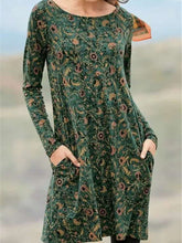 Fashion Casual Retro print Round neck Long sleeve Shift Dresses