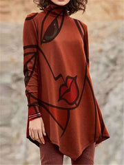 Fashion Retro print High collar Long sleeve Irregular T-Shirts