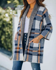 Fashion Plaid print Lapel Long sleeve Coats