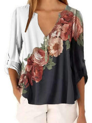 Chiffon V Neck Floral Printed Short Sleeve Blouses