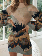 Sexy Landscape print High neck Long sleeve Knit Skater Dresses