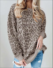 Casual Loose Leopard print Round neck Long sleeve T-Shirts