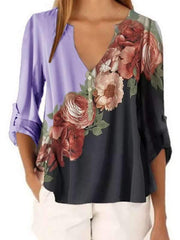 Chiffon V Neck Floral Printed Short Sleeve Blouses