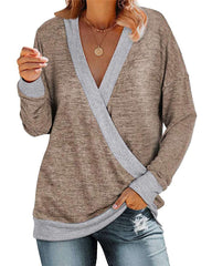 Casual Gored Leopard print V neck Long sleeve T-Shirts