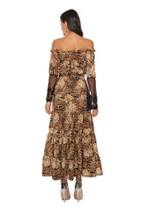 Fashion Leopard print One shoulder Gored Lace Long sleeve Maxi Dresses