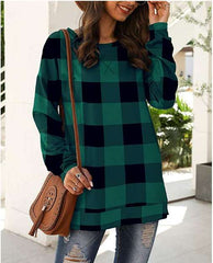 Casual Loose Plaid print Round neck Long sleeve T-Shirts