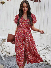 Casual Retro print V neck Short sleeve Vent Skater Dresses