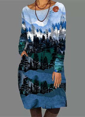 Casual Loose Landscape print Round neck Long sleeve Shift Dresses