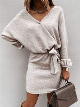Fashion Pure Lacing V neck Long sleeve Knit Bodycon Dresses