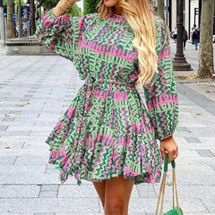 Fashion Print Round neck Long sleeve Lacing Skater Dresses