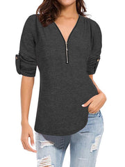 New Plain Long Sleeve V-neck Zipper T-shirts