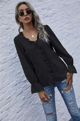 Fashion Pure Stringy selvedge V neck Long sleeve Blouses