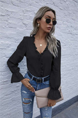 Fashion Pure Stringy selvedge V neck Long sleeve Blouses