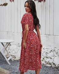 Casual Retro print V neck Short sleeve Vent Skater Dresses