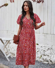 Casual Retro print V neck Short sleeve Vent Skater Dresses