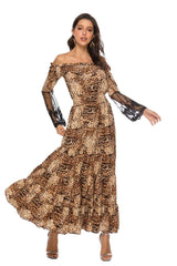 Fashion Leopard print One shoulder Gored Lace Long sleeve Maxi Dresses