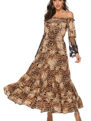 Fashion Leopard print One shoulder Gored Lace Long sleeve Maxi Dresses