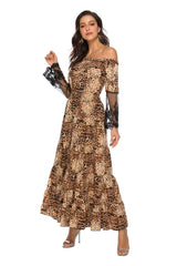 Fashion Leopard print One shoulder Gored Lace Long sleeve Maxi Dresses
