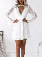 Elegant deep V neck lace point flared sleeve skater dresses