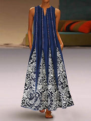 Women's Vintage Print Sleeveless V-neck Maxi Dresses