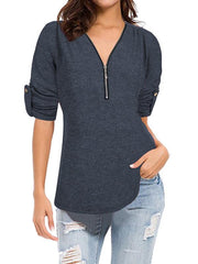 New Plain Long Sleeve V-neck Zipper T-shirts