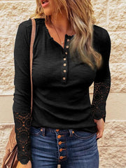 Fashion Pure Lace Gored Round neck Fastener Long sleeve T-Shirts