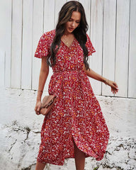 Casual Retro print V neck Short sleeve Vent Skater Dresses