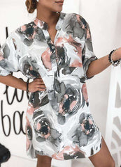 Fashion Casual Floral print Stand collar Short sleeve Shift Dresses