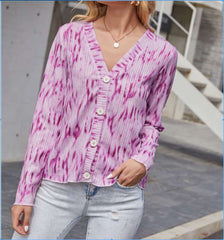 Casual Dipdye V neck Long sleeve Knit Fastener Sweaters