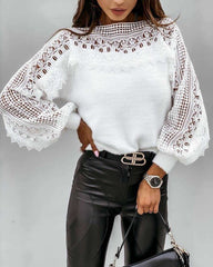 Casual Loose Pure Lace Hollow out Round neck Long sleeve T-Shirts