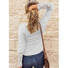 Fashion Pure Lace Gored Round neck Fastener Long sleeve T-Shirts