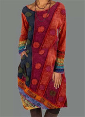 Fashion Retro Round neck Long sleeve Shift Dresses