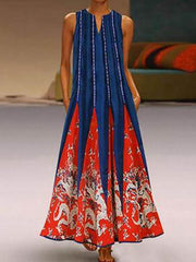 Women's Vintage Print Sleeveless V-neck Maxi Dresses