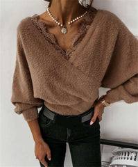Casual Pure Lace Gored V neck Long sleeve Flannel Sweaters
