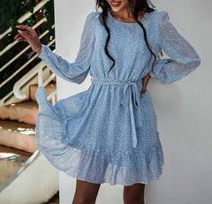 Casual Print Round neck Long sleeve Lacing Skater Dresses