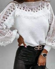 Casual Loose Pure Lace Hollow out Round neck Long sleeve T-Shirts