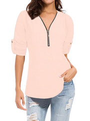 New Plain Long Sleeve V-neck Zipper T-shirts