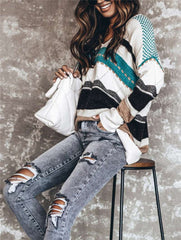 Casual Loose Stripe print V neck Long sleeve Knit Sweaters