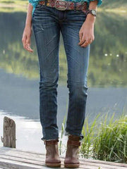 Navy Blue Casual Cotton-Blend Washed Pants