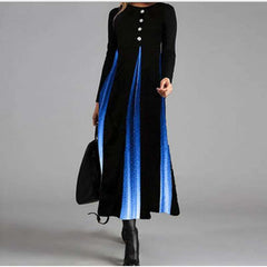Fashion Gradient Stripe Gored Fastner Round neck Long sleeve Maxi Dresses