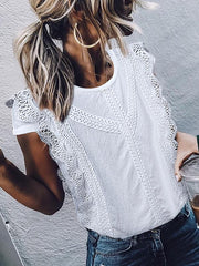 Elegant stitching round collar short sleeves lace T-shirts